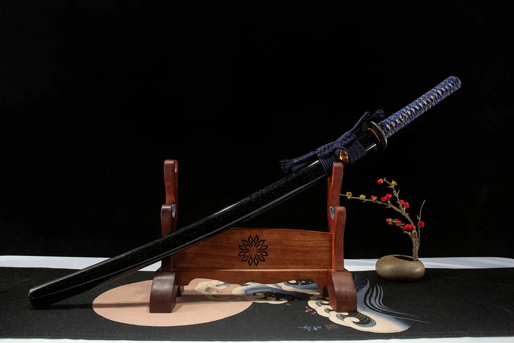 45-degree front view Evil Spirit Katana fully sheathed black starry glitter solid wood saya dark cotton sageo