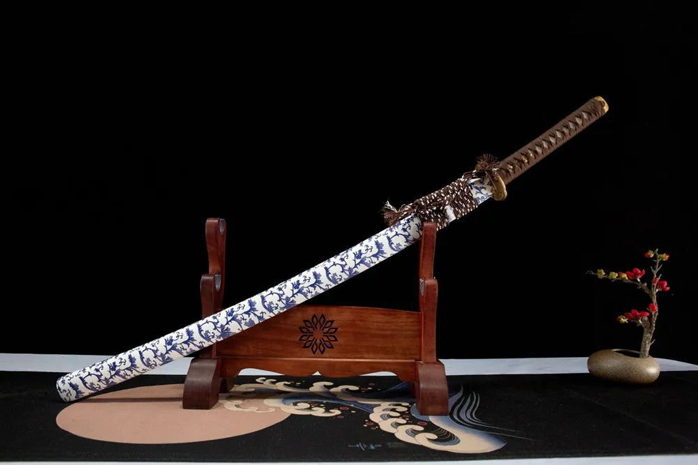45-degree front view Blue White Porcelain Katana sheathed blue floral painted solid wood saya brown cotton sageo