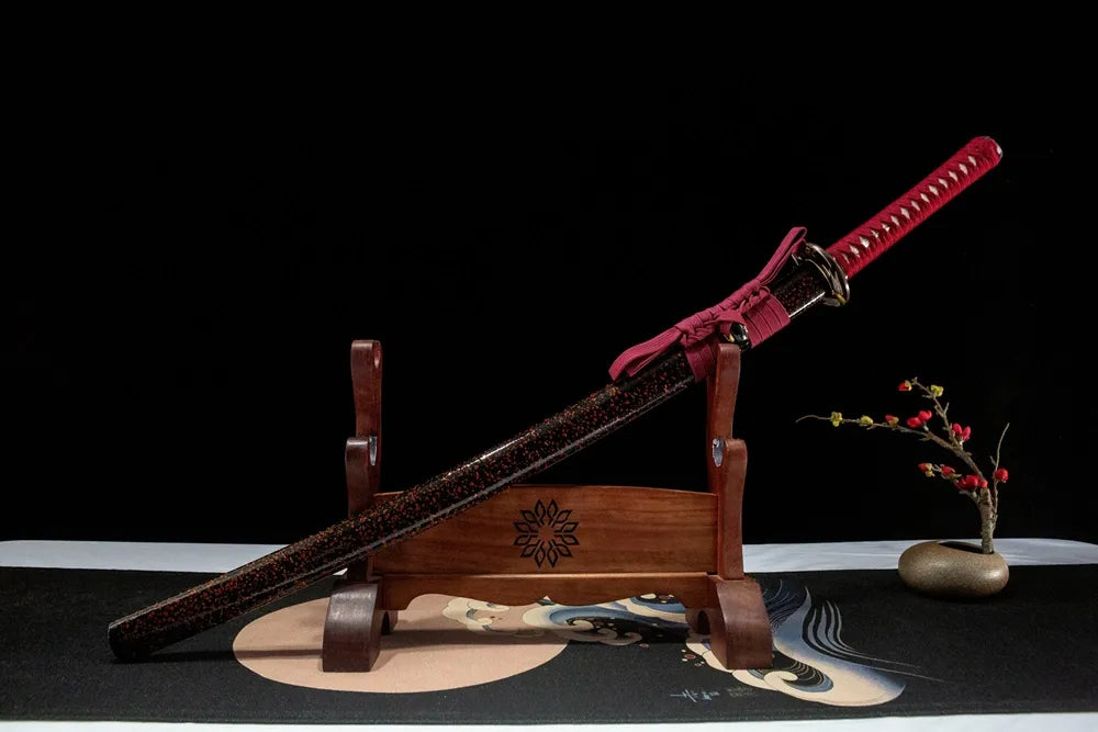 Red Dragonfly Katana front angled view, lacquered solid wood scabbard dragonfly theme
