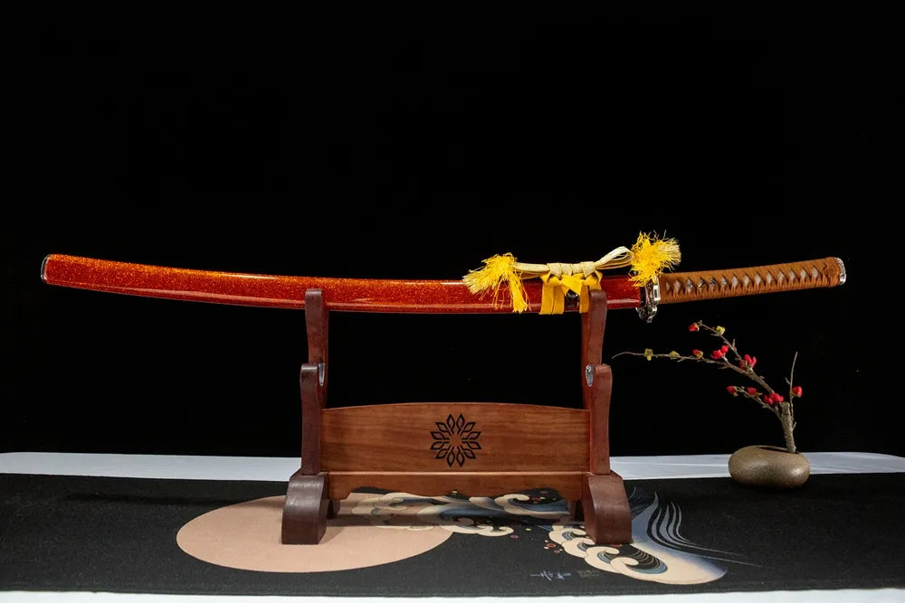 Flaring Fire Katana horizontal front view, flame gold-silver plated copper tsuba