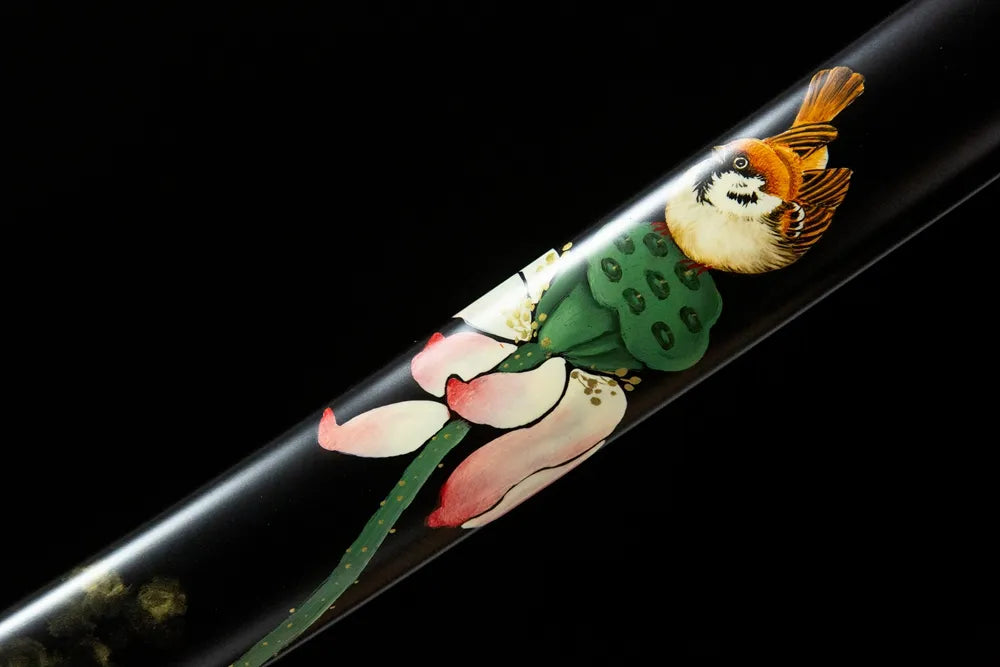 Lotus Heart Katana saya middle section, hand drawn lacquer solid hardwood finish