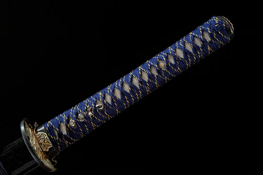 Full blue gold moro-hineri tsuka front view genuine ray skin demon gilded copper fuchi kashira