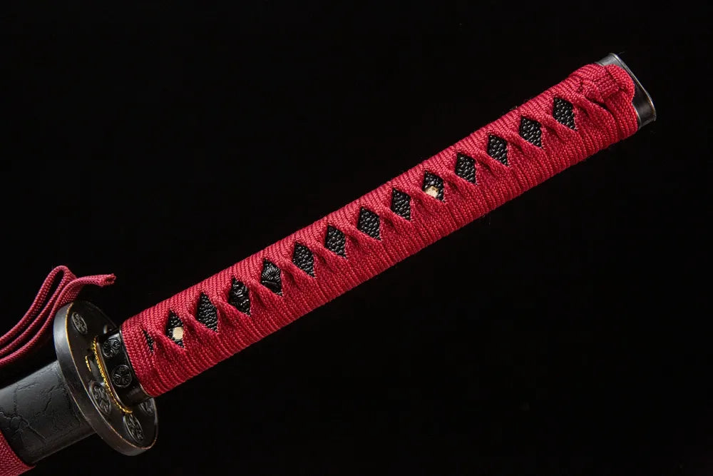 Full imogata tsuka front view Mingyuan Katana red moro-hineri ito imitation ray skin alloy fittings