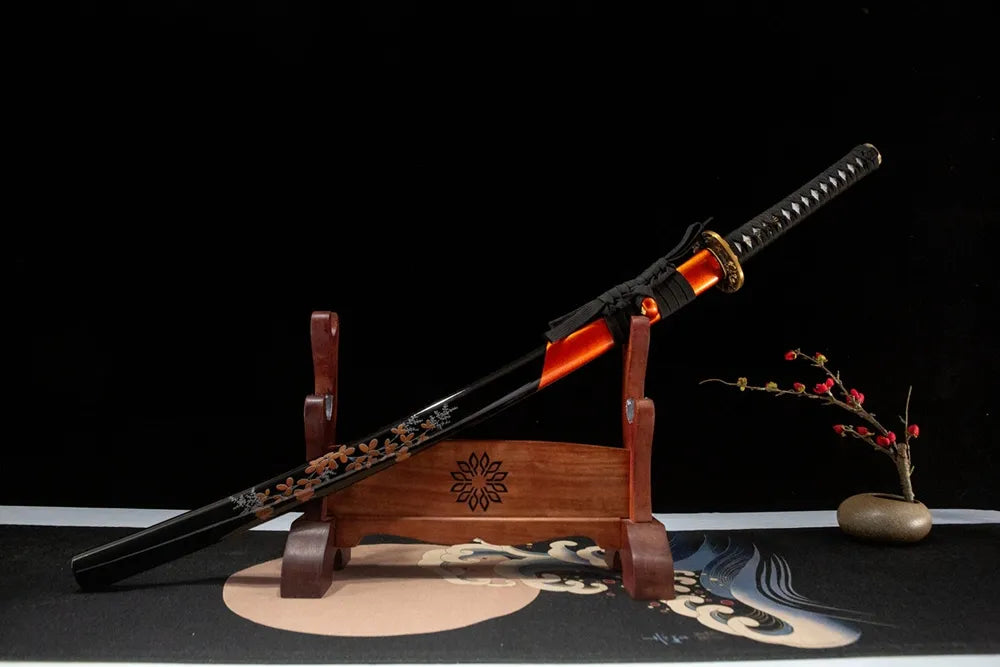 45-degree front view Plum Blossom Katana sheathed black red plum hand paint solid wood saya coarse cotton sageo