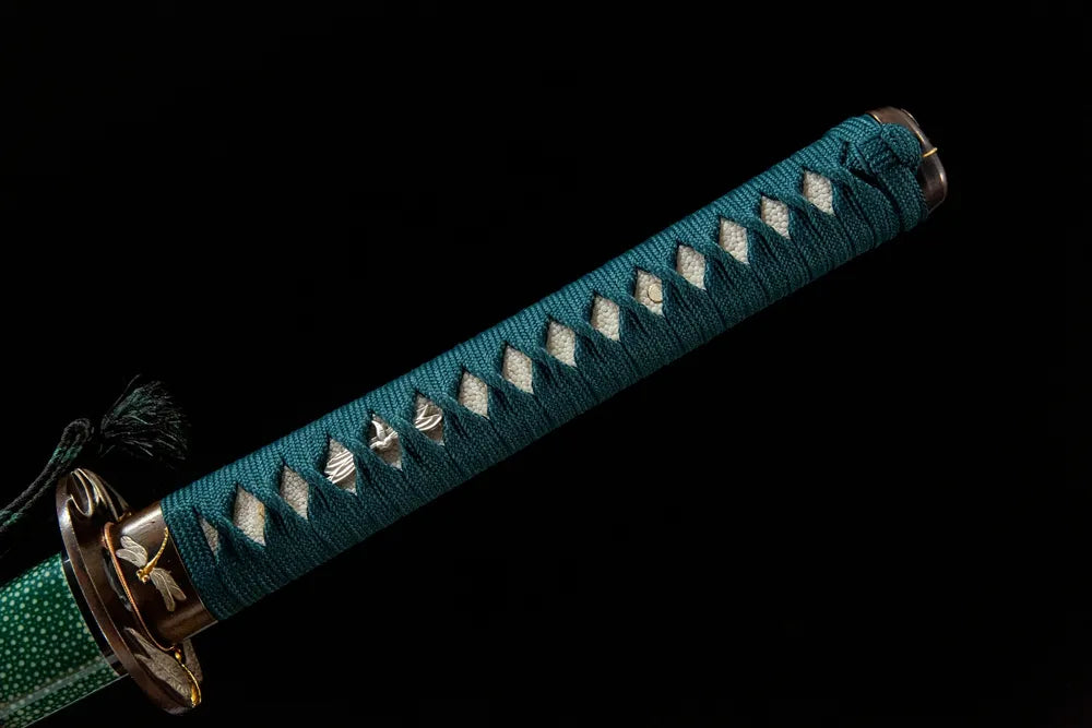 Full teal moro-hineri tsuka front view genuine ray skin dragonfly gilded copper fuchi kashira