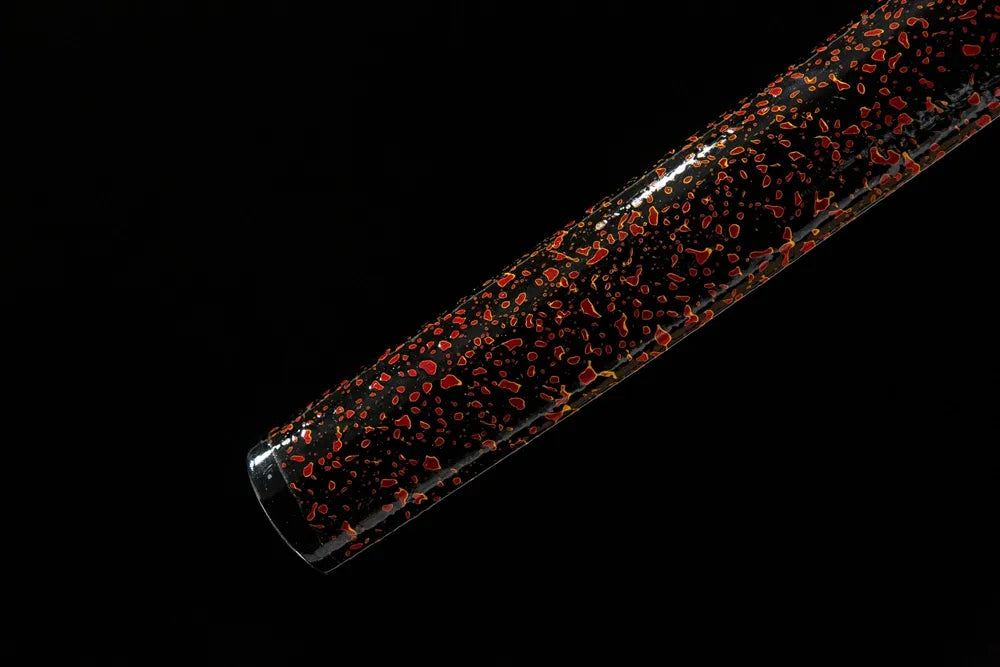 Red Dragonfly Katana saya lower section, lacquered hardwood scabbard end detail
