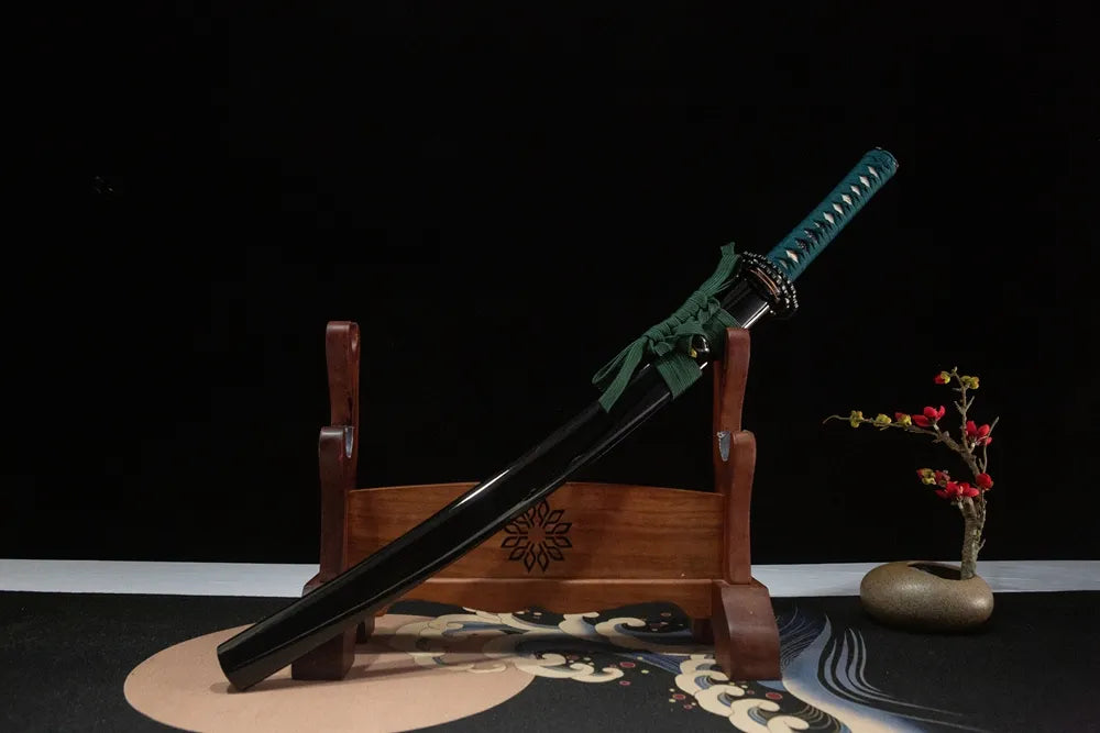 45-degree front view Sankoken Wakizashi sheathed black solid wood lacquer saya green sage cord