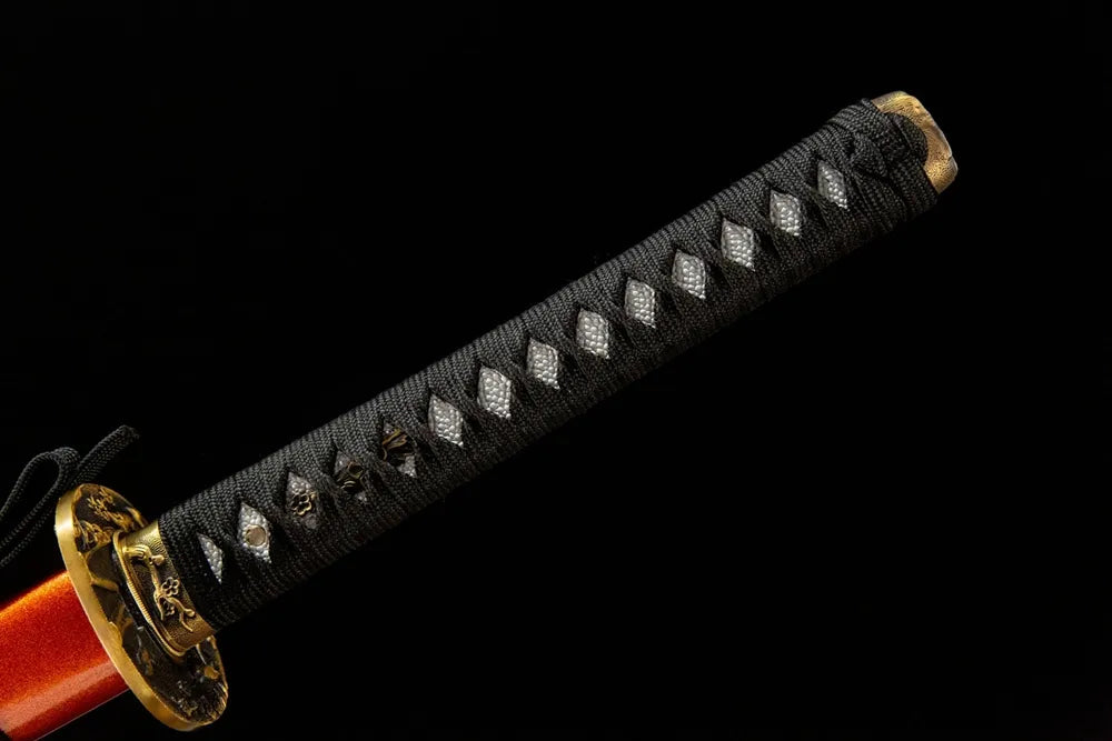 Full imogata tsuka front view fake ray skin plum bird carved copper fuchi kashira