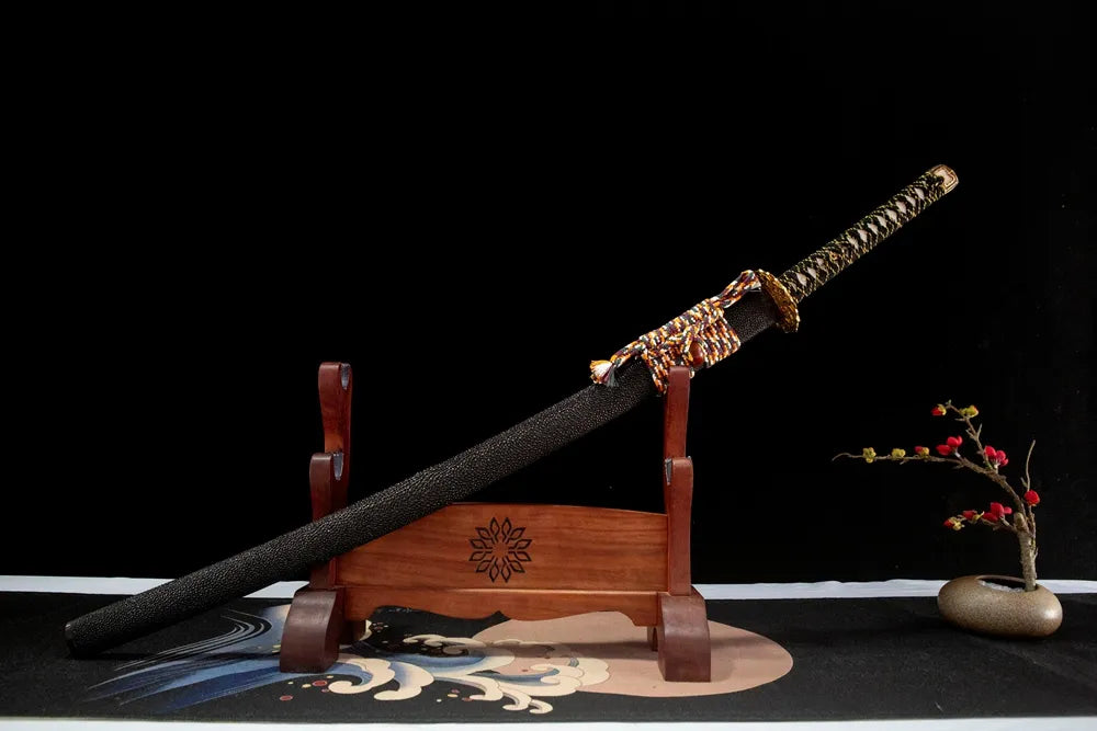 45-degree front view Ise Chiko Katana sheathed full rayskin wrapped saya full ox horn fittings coarse cotton sageo