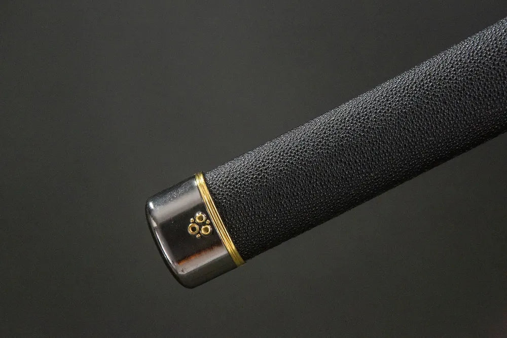 Bottom saya closeup Yamato Katana solid alloy kojiri cap PU wrapped scabbard end