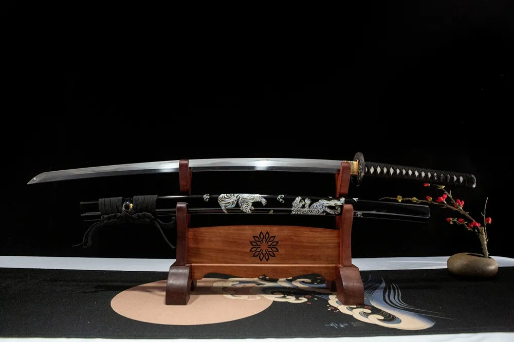 Unsheathed Fierce Tiger horizontal shot folded steel honsanmai notare wave hamon blade