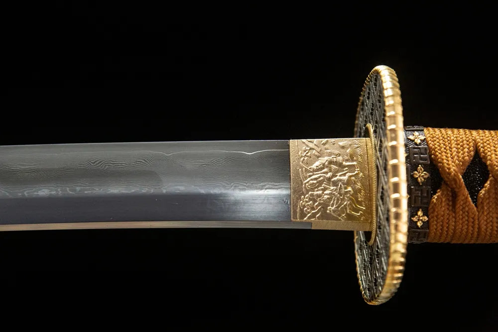 Upper blade closeup Tianming wakizashi gunome hamon near copper habaki real yokote