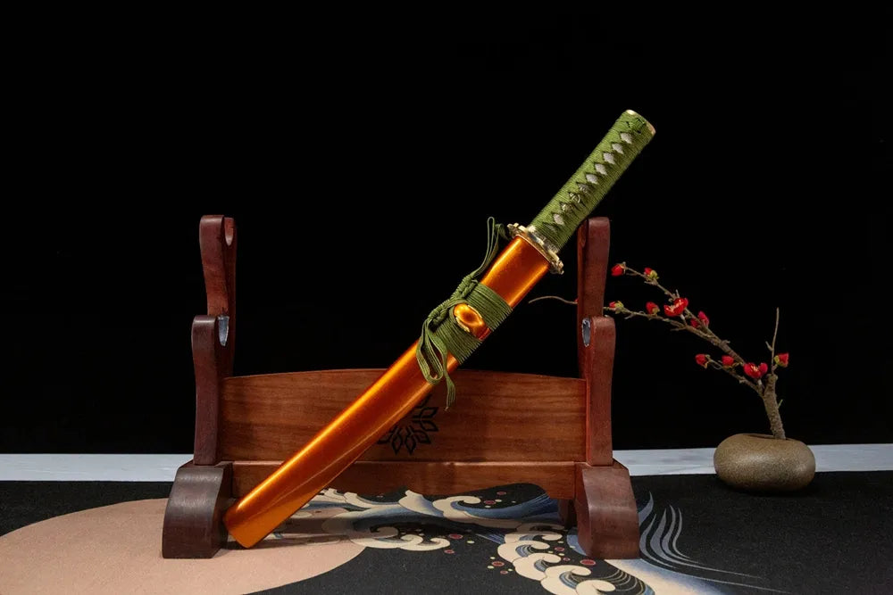 45-degree front view compact Shogunate Wakizashi sheathed solid wood paint saya coarse cotton sageo