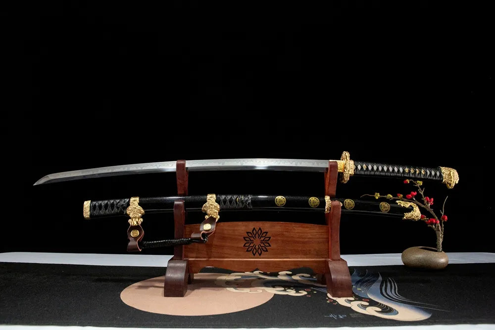 Unsheathed The Firmament Tachi horizontal shot, maru T10 blade natural gunome wave clay tempered hamon