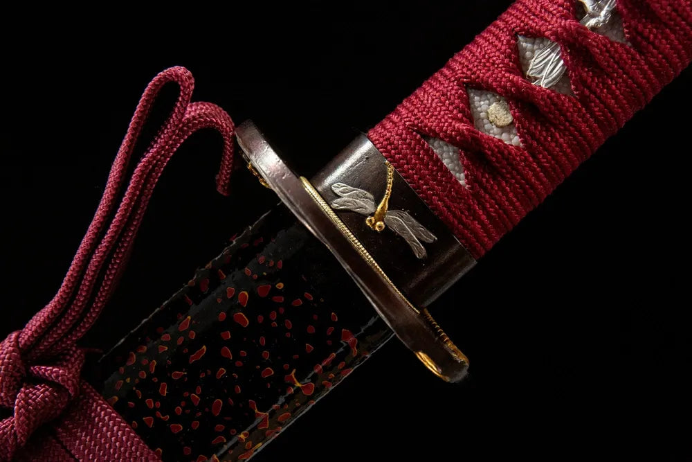 Red Dragonfly Katana fuchi, gold-silver plated copper handle collar dragonfly motif
