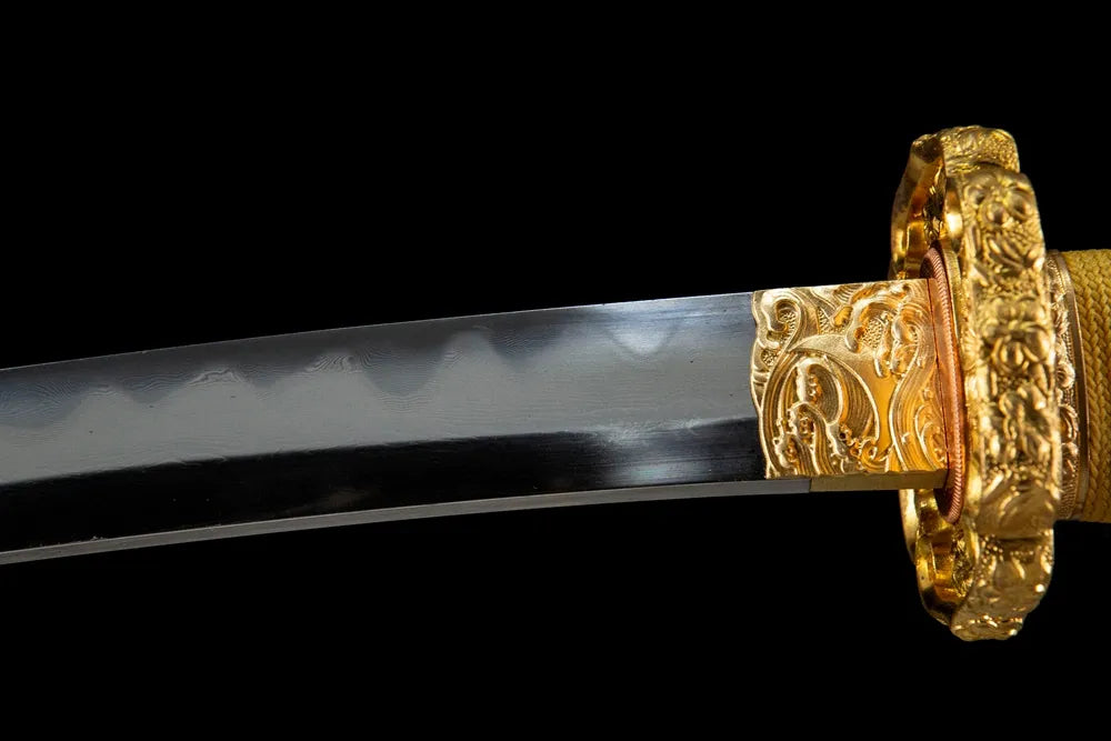 Upper blade closeup chrysanthemum tachi uniform gunome hamon near solid copper habaki real yokote