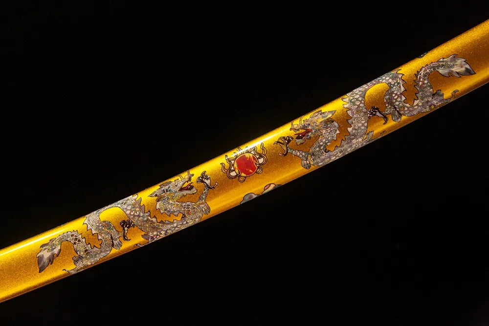Mid saya detail solid wood golden lacquer hand painted double dragon artwork
