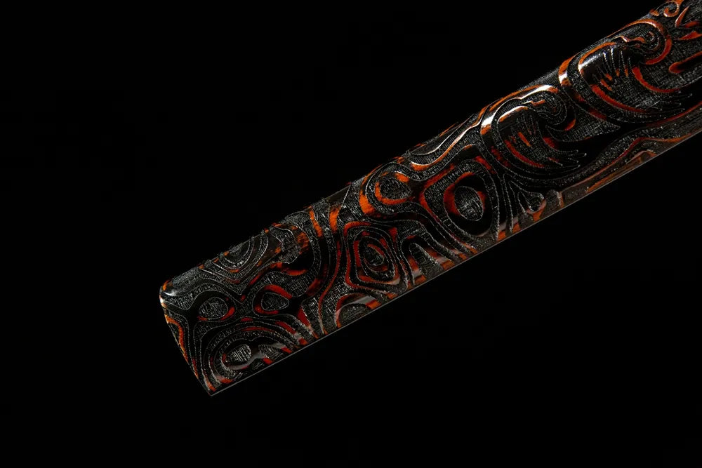 Bottom saya closeup The Firmament Tachi, copper semekanamono & kashiwaba decorative metal pieces