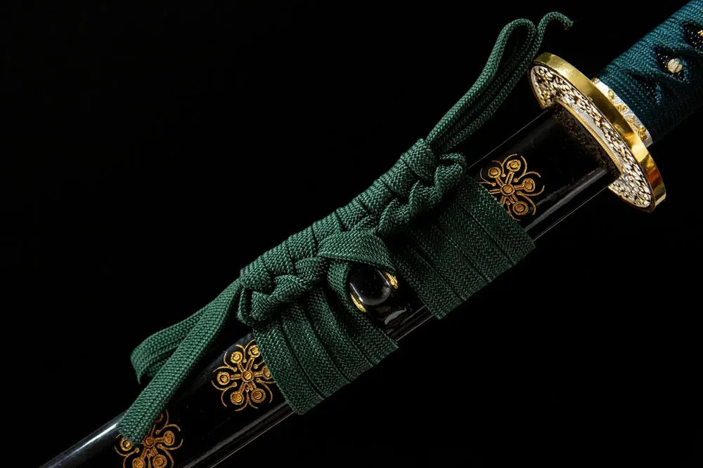 Green Shade Katana cotton sageo cord closeup, traditional sheath tie