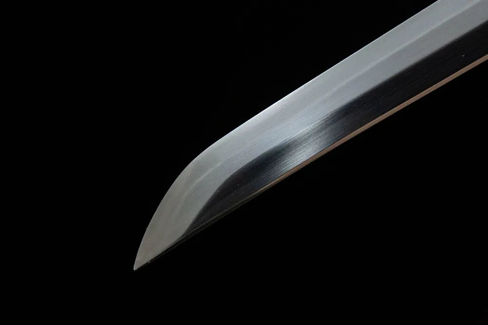 Red Dragonfly Katana blade tip detail, fine polished sharp cutting edge T10 steel
