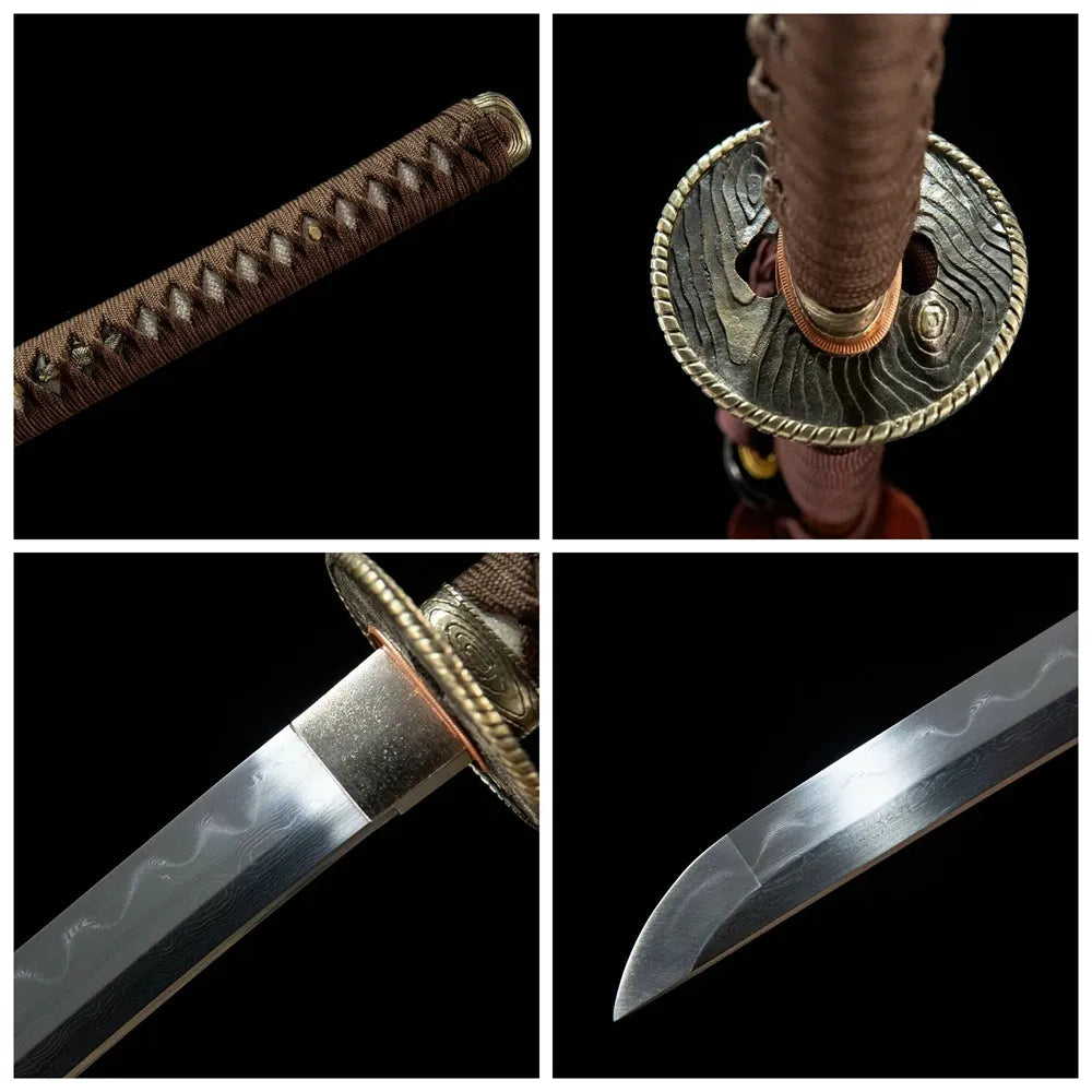 4-grid detail collage of Peach Mountain Katana blade, handle, tsuba and lacquer saya