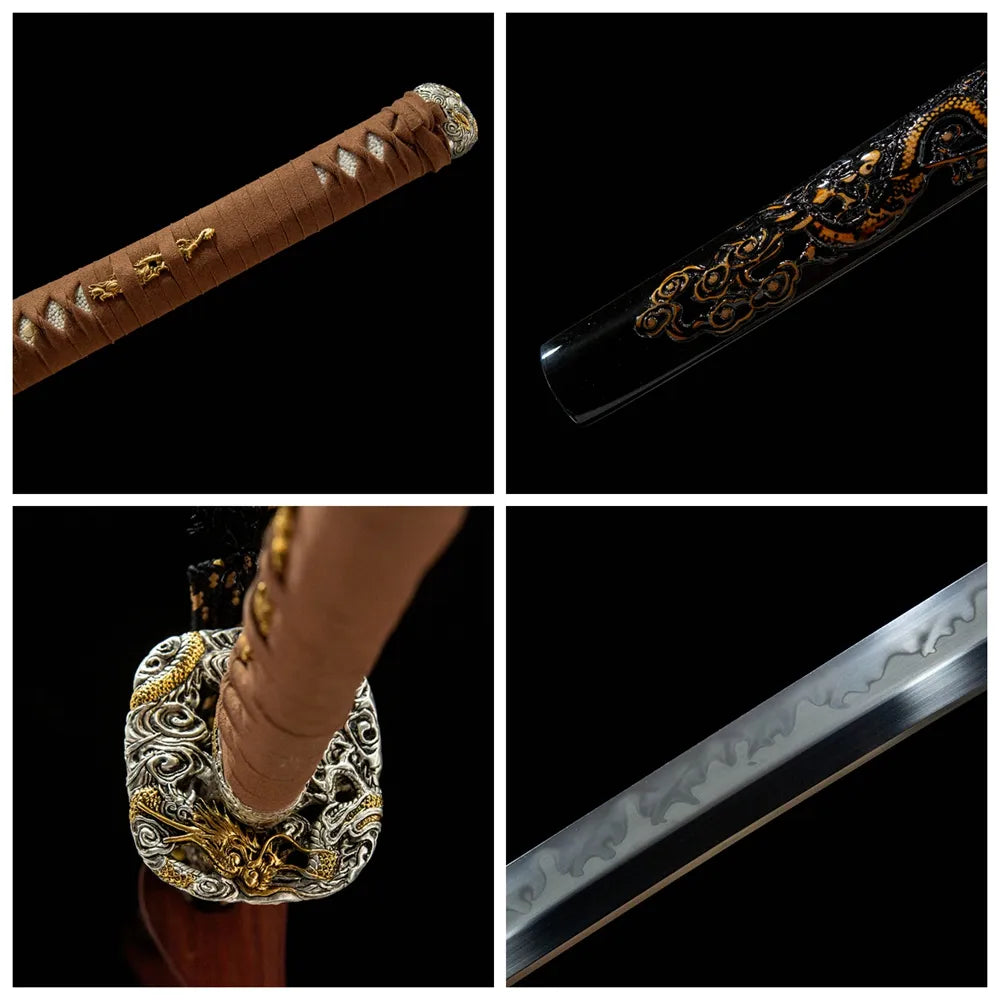 4-grid collage Emperor Dragon T10 blade gold silver copper dragon tsuba ray skin tsuka plain saya