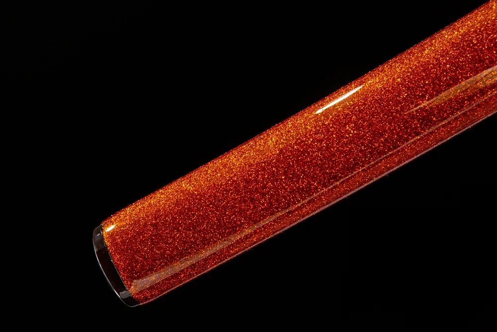 Flaring Fire Katana saya lower section, ox horn kojiri tip closeup