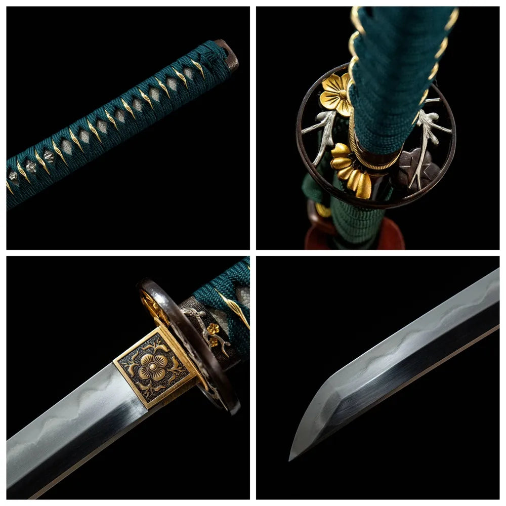 4-grid detail collage of Lotus Heart Katana blade, handle, tsuba and hand painted saya