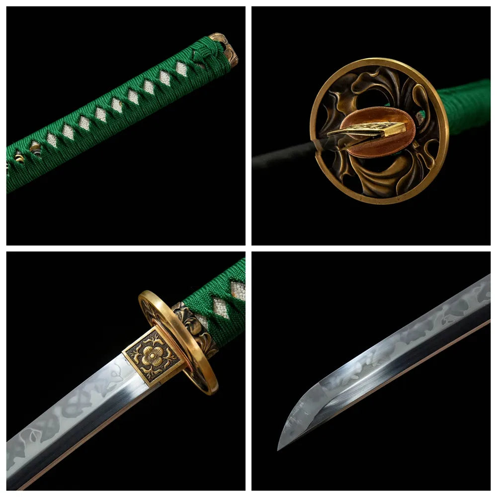 4-grid collage Simple Shadow T10 blade plain copper tsuba plain wood saya ray skin tsuka