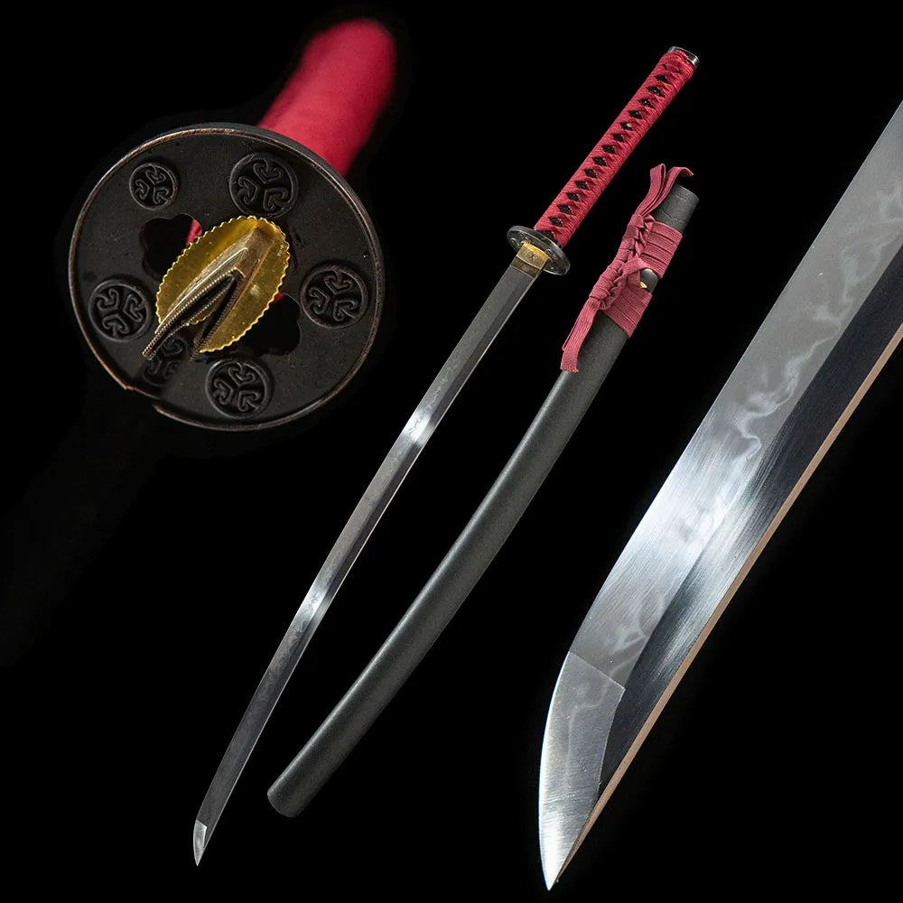Mingyuan Katana, budget $249.99 T10 single hi sanbonsugi hamon imogata red tsuka crackle black saya samurai sword