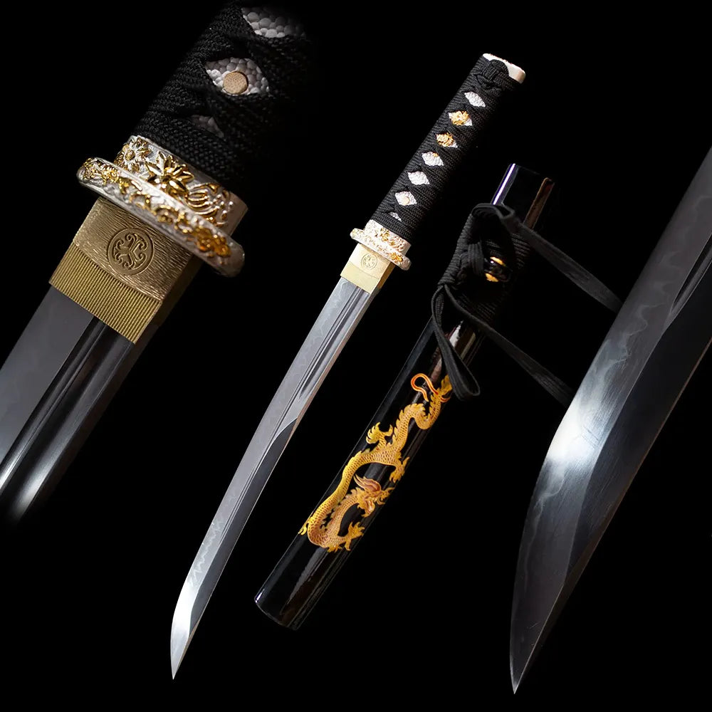 Dragon‑Wakizashi little golden‑dragon entry‑level wakizashi short sword drawn t10 wavy hamon blade black lacquer golden‑dragon‑print saya full black‑background studio shot
