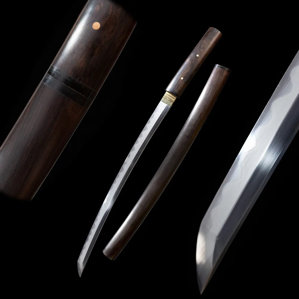 Night‑Elf‑Wakizashi dark‑fantasy night‑elf‑motif wakizashi short samurai sword drawn T10 irregular gunome hamon blade high‑gloss solid‑black precious‑hardwood saya full black‑background studio shot