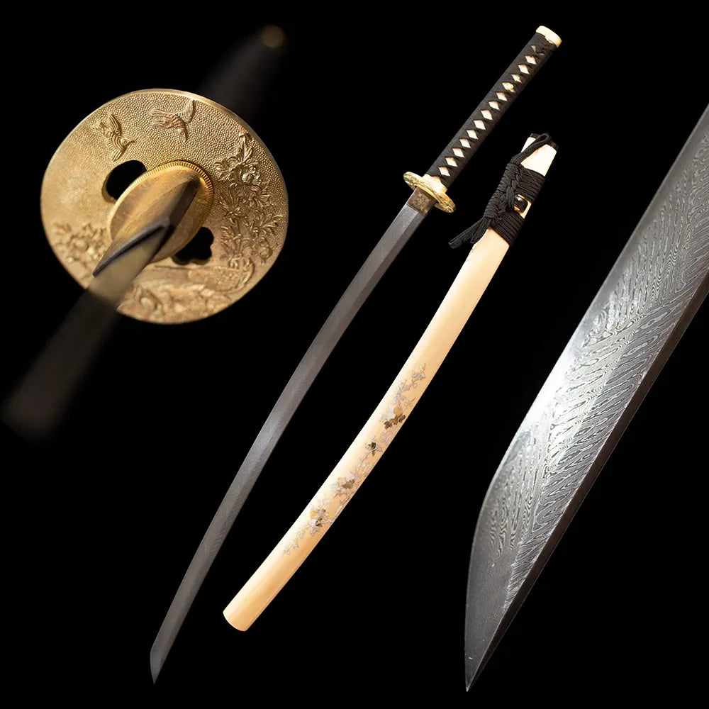 Katana‑Bird forest‑avian auspicious‑bird wildlife‑motif samurai katana drawn T10 suguha‑gunome feather‑layer‑flowing undulating hamon blade tea‑brown hand‑painted forest‑avian‑bird saya full black‑background studio shot