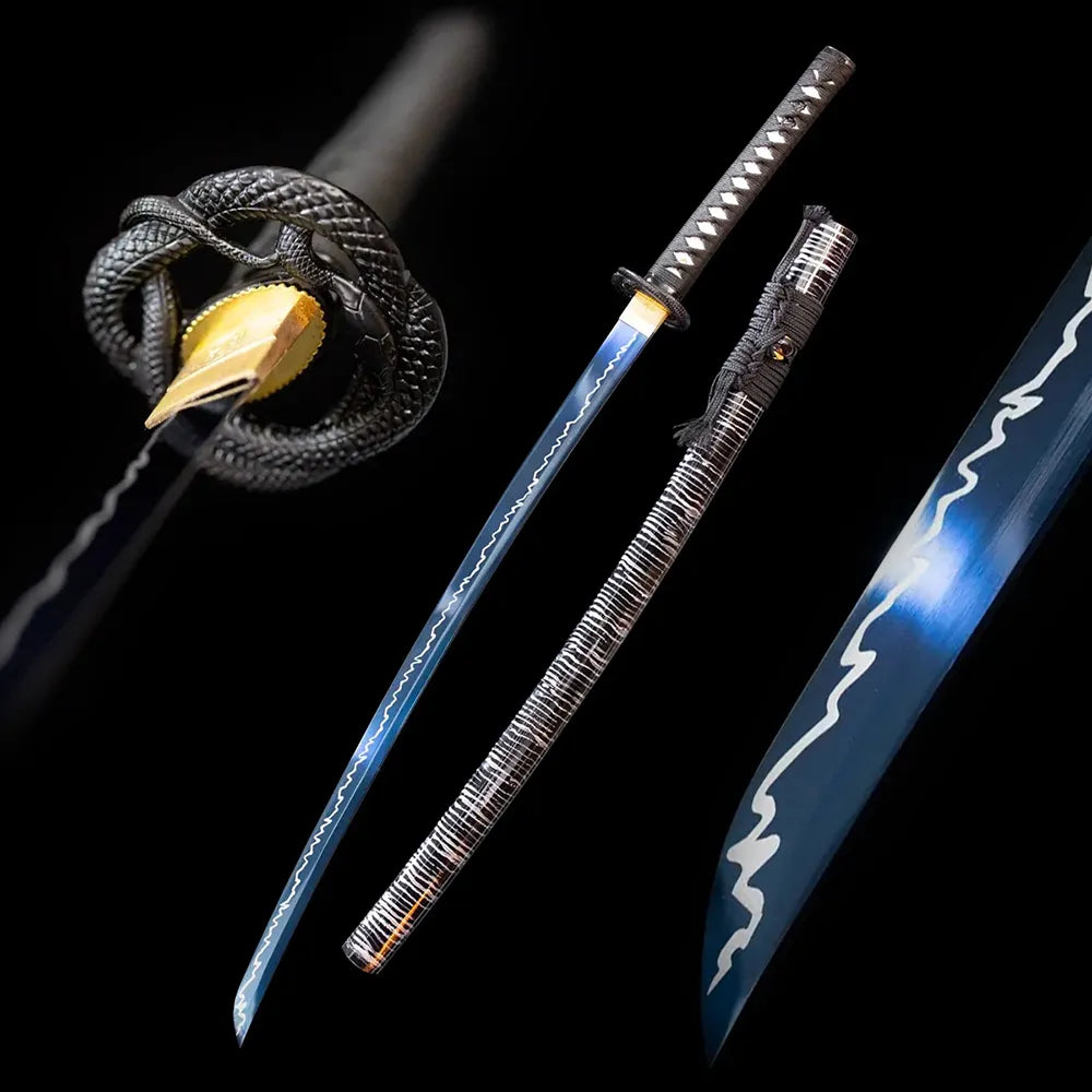 Colore‑Katana colore vibrant‑western‑art‑painted‑hybrid‑motif samurai katana drawn T10 choji‑midare mottled‑color‑wave shifting hamon blade iridescent‑pearl western‑floral‑painted saya full black‑background studio shot