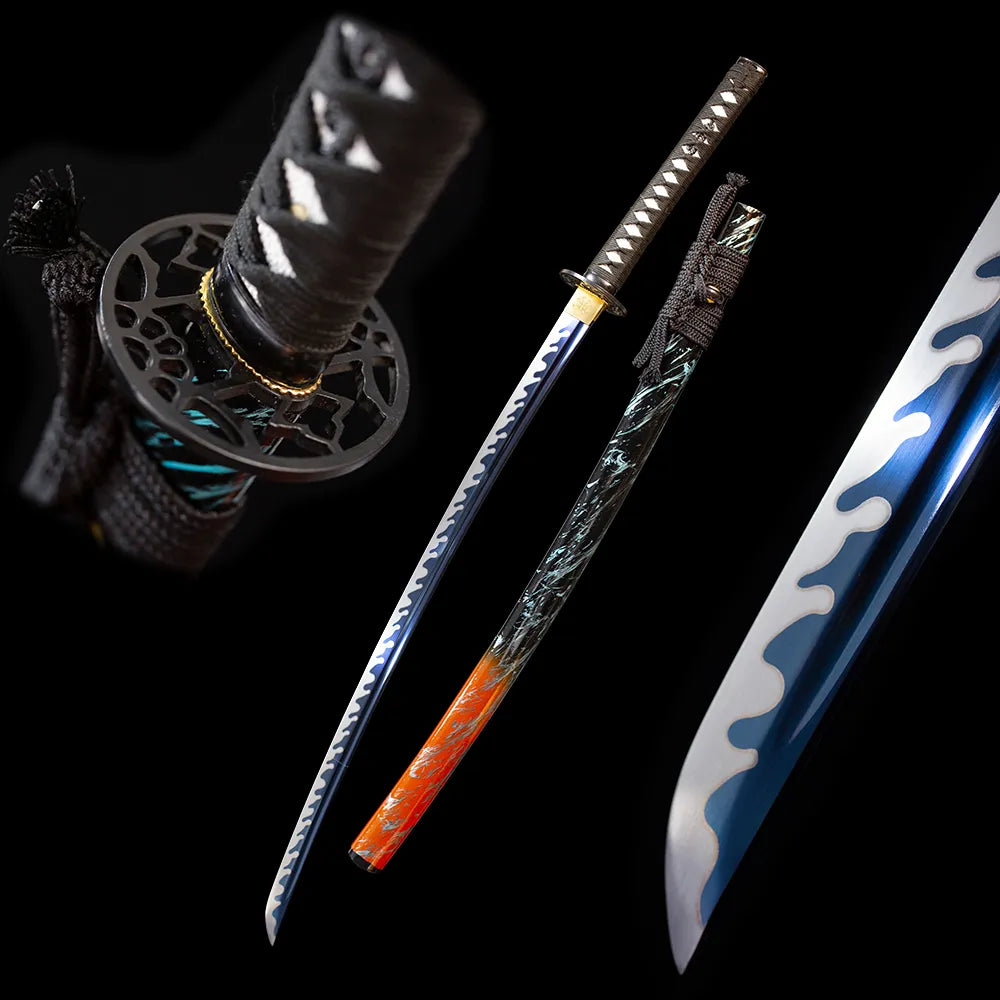 Battle‑Frenzy‑Katana battle‑frenzy fiery‑wave combat‑motif samurai katana drawn 1060 high‑manganese water‑quenched steel fiery‑wave flame‑undulating hamon blade orange‑red‑gradient flame‑streamer saya full black‑background studio shot