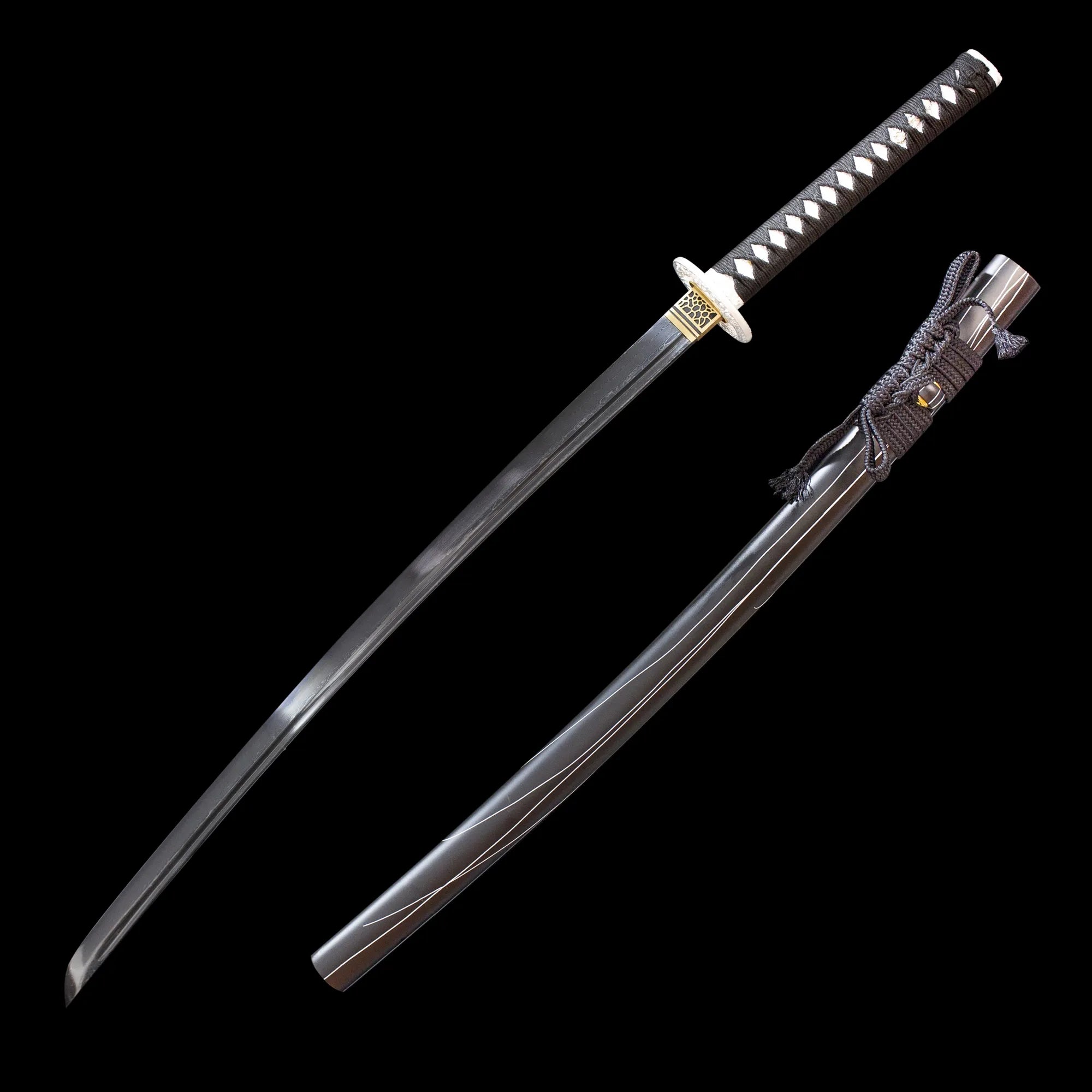 This katana(samurai sword) is forged from Damascus steel. The surface is oxidized and blackened
