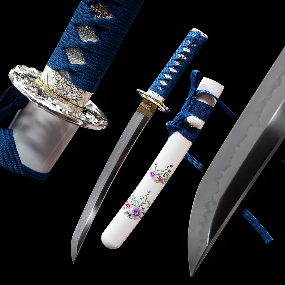 Begonia mini wakizashi blade and pink begonia lacquer scabbard studio shot