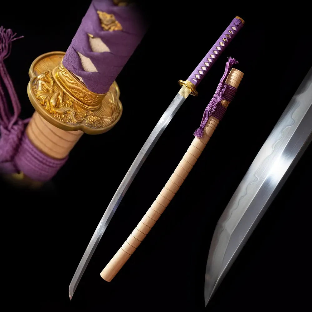 Bewitching‑Katana bewitching‑higanbana‑enchanted‑floral‑fantasy‑motif samurai katana drawn T10 gunome‑midare higanbana‑bloom‑sway‑layer hamon blade wine‑red‑gradient higanbana‑maki‑e saya full black‑background studio shot