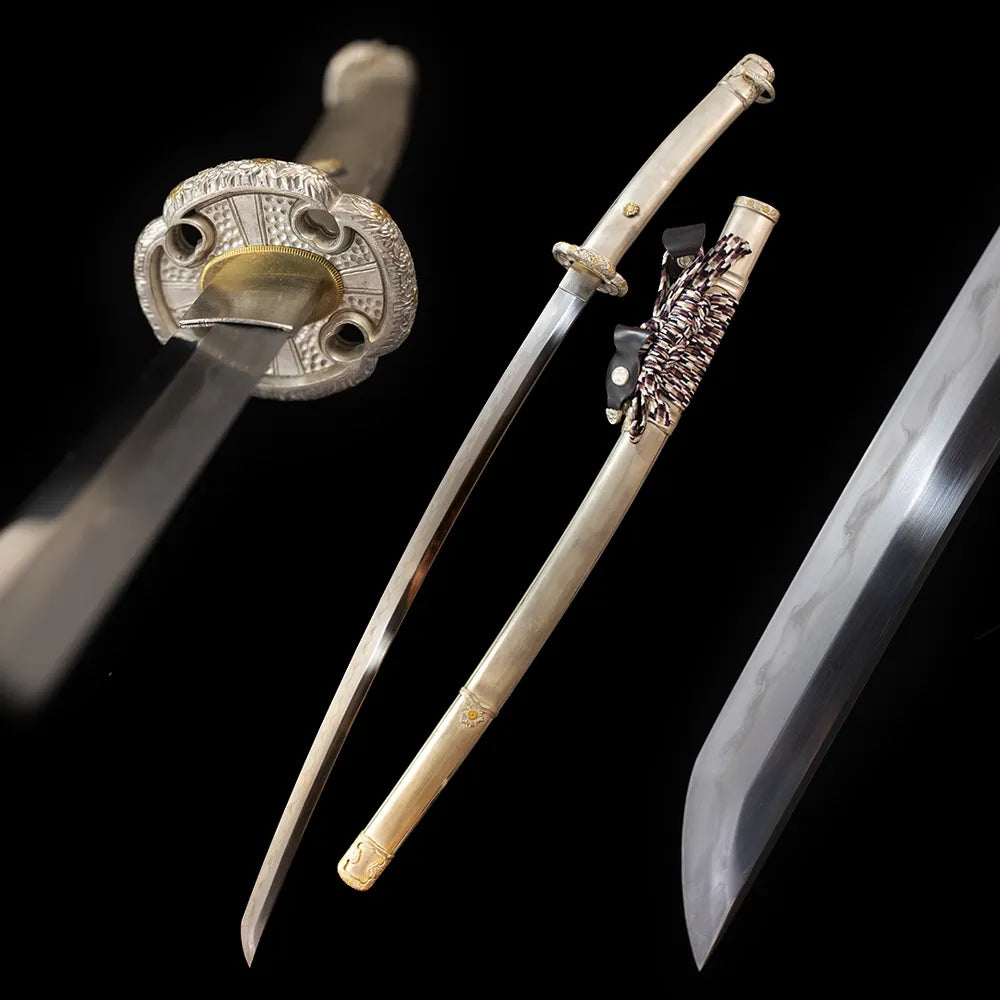 White‑Knight‑Tachi white‑knight chivalric‑fusion‑motif japanese tachi sword drawn honsanmai sanmai‑forged damascus‑t10 gonome‑midare classical wave hamon blade matte‑silver‑white metallic‑maki‑e saya full black‑background studio shot