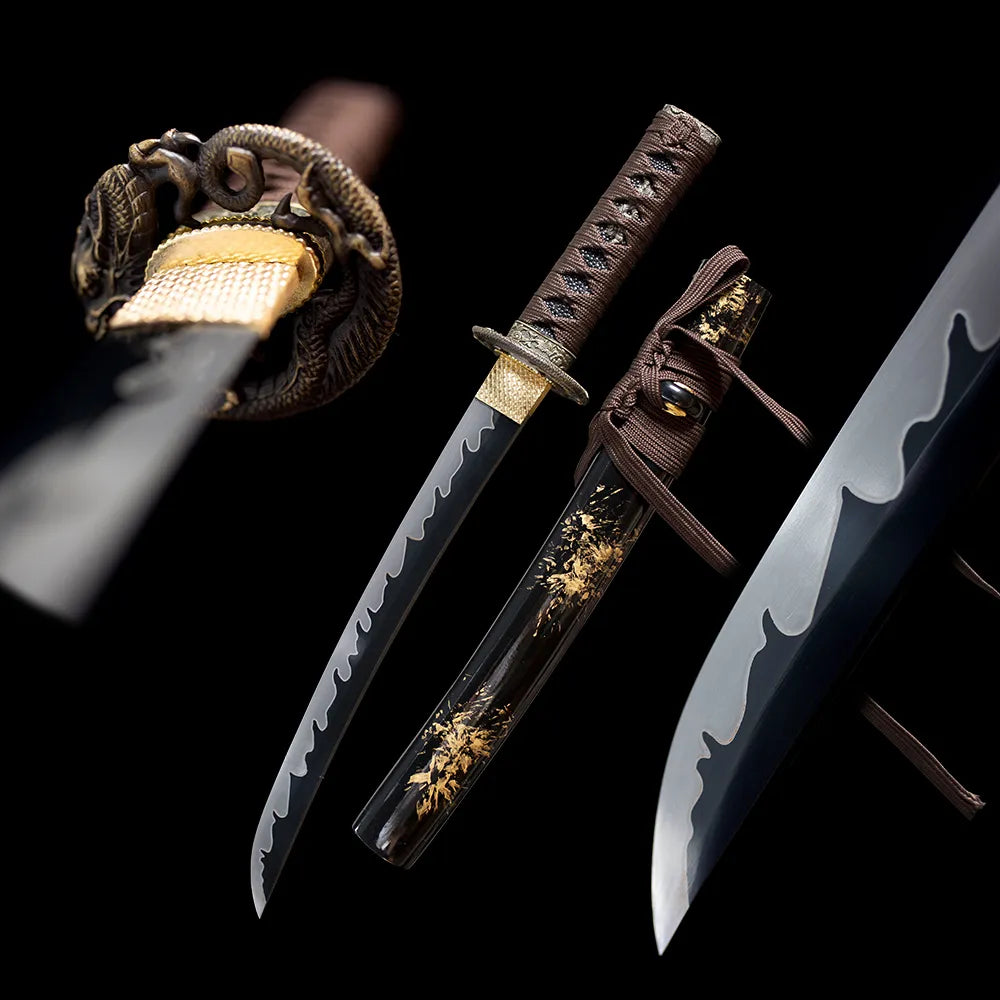 Jin‑Wu‑Wei‑Wakizashi sino‑oriental warrior‑dragon motif wakizashi short sword drawn t10 wave hamon blade black gold‑leaf‑flake saya full black‑background studio shot