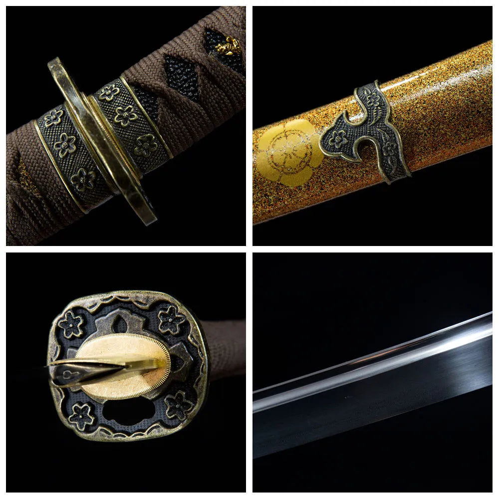 4-grid collage Strong Sori antique bronze floral tsuba brown samekawa tsuka gold mica clan crest saya long T10 blade
