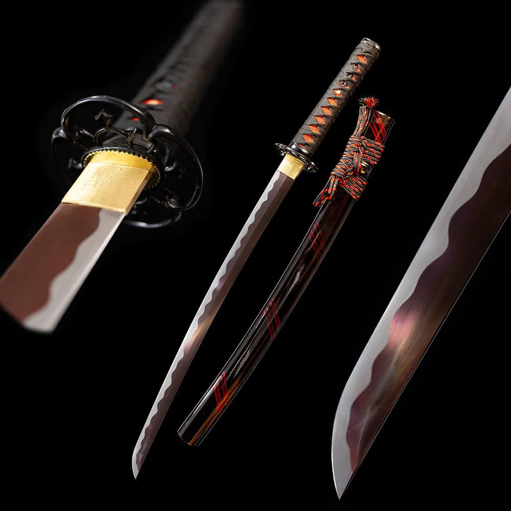 Wisp‑Red‑Wakizashi wisp‑red‑thread dark‑streak‑motif japanese wakizashi short sword drawn T10 clean suguha neat‑straight hamon blade high‑gloss‑black crimson‑wisp‑red‑streak saya full black‑background studio shot
