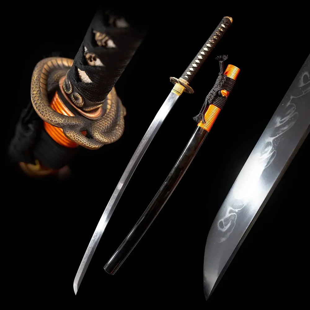 Octagonal‑Snake‑Katana octagonal‑serpent wild‑mystic‑nature‑motif samurai katana drawn T10 midare‑varied snake‑scale undulating hamon blade dark‑emerald‑green snake‑scale‑texture saya full black‑background studio shot