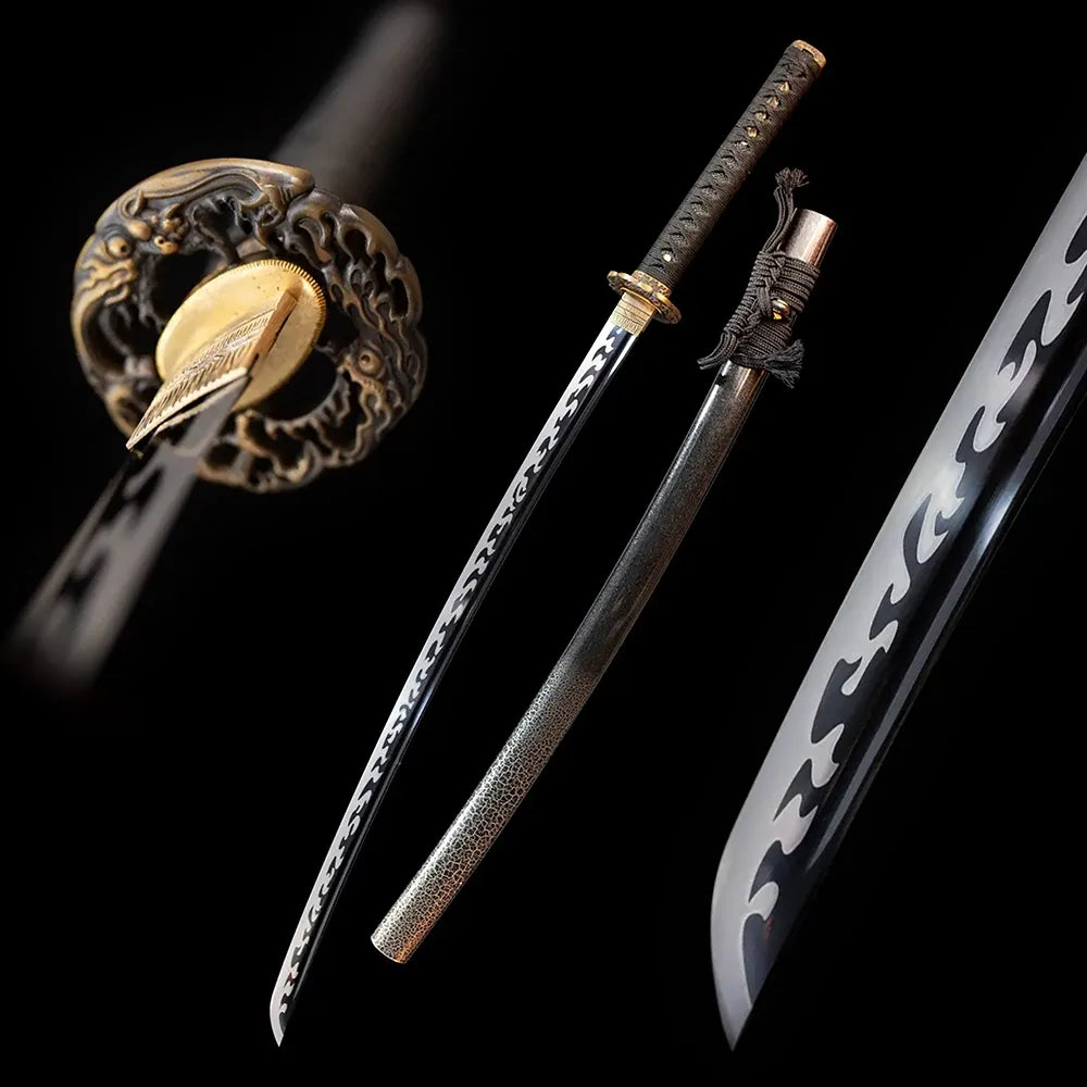 Hell‑Katana hell nether‑doom dark‑realistic‑motif samurai katana drawn 1060 oil‑quenched taganeha baked‑black darkened blade charcoal‑black pearl‑crack‑texture saya full black‑background studio shot