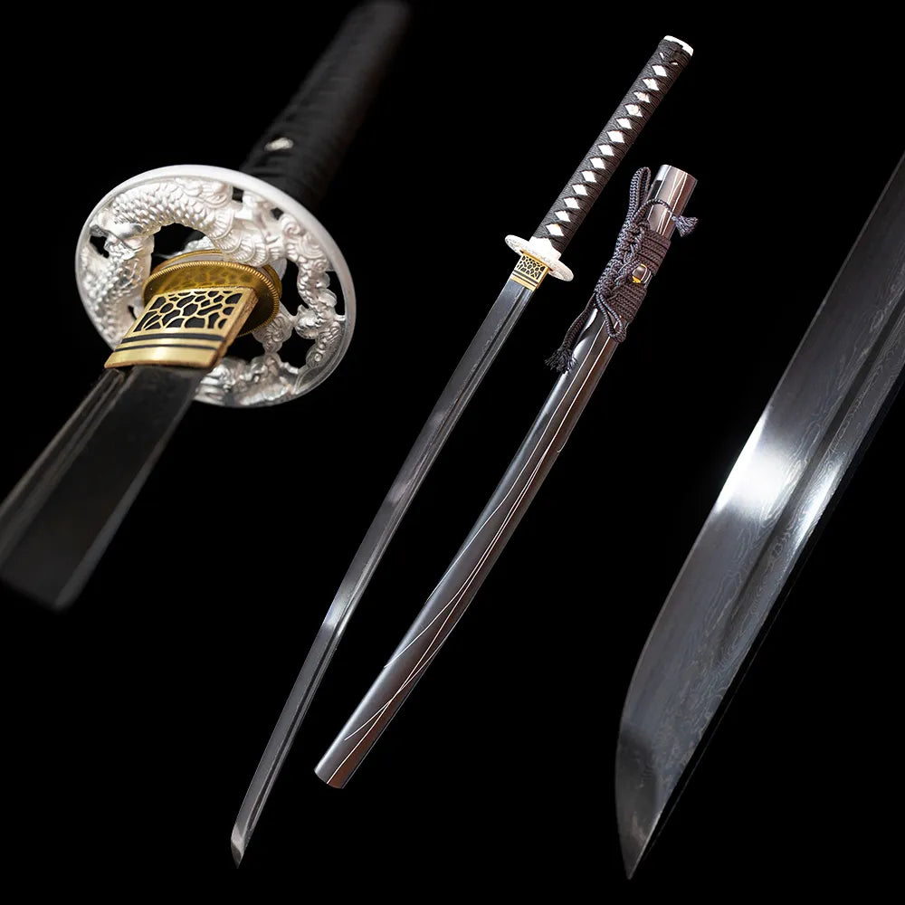 Melanitis‑Katana melanitis nocturnal‑butterfly‑dark‑fantasy‑motif samurai katana drawn T10 midare‑gunome butterfly‑scale‑powdery fragmented‑surge hamon blade raven‑black dusky‑purple‑phantom‑butterfly saya full black‑background studio shot