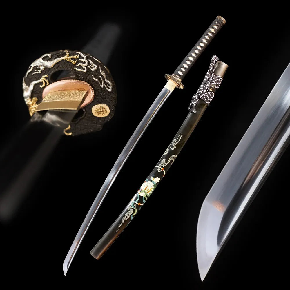 Raijin‑Katana japanese thunder‑god raijin myth‑motif samurai katana drawn T10 suguha‑straight clean hamon blade glossy‑black hand‑painted raijin‑fujin thunder‑cloud saya full black‑background studio shot