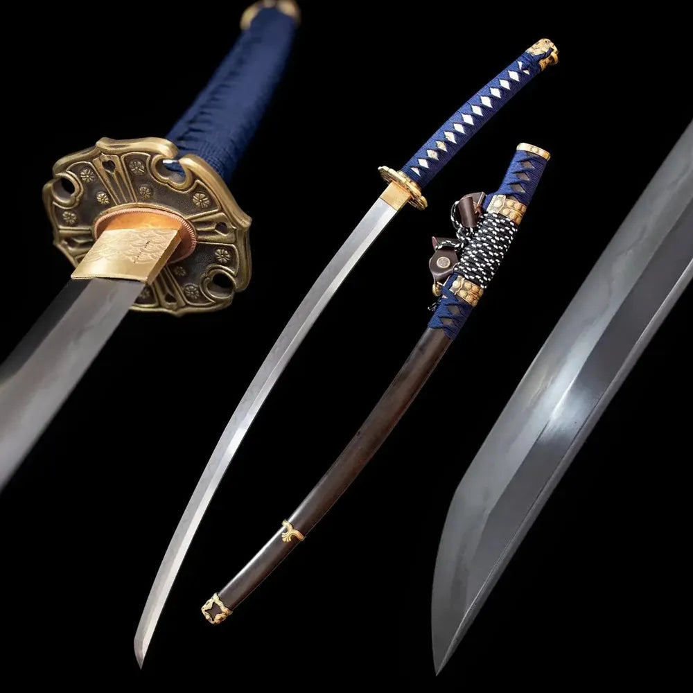 Lucky‑Clover‑Tachi four‑leaf‑clover lucky‑blessing‑traditional‑tachi‑motif japanese tachi sword drawn clip‑steel‑T10 notare‑midare four‑leaf‑clover‑auspicious‑cloud‑flow hamon blade premium‑ebony‑solid‑hardwood tachi saya full black‑background studio shot