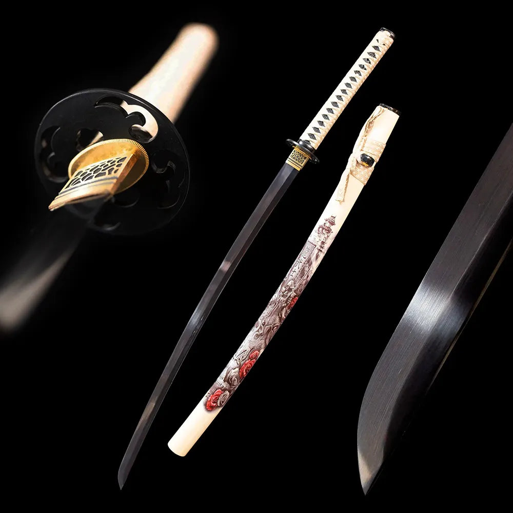 Dragon‑Warrior‑Katana dragon‑warrior samurai combat‑motif samurai katana drawn 1060 oil‑quenched solid‑black‑oxide matte‑black blade cream‑white warrior‑dragon‑rose‑illustrated saya full black‑background studio shot