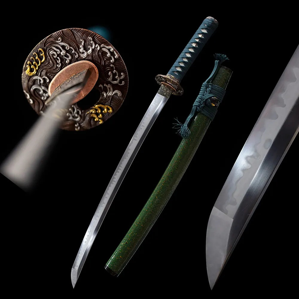 Green‑Shade‑Wakizashi botanical‑motif short samurai wakizashi drawn t10 clay‑tempered hamon blade emerald‑gradient saya full black‑background studio shot