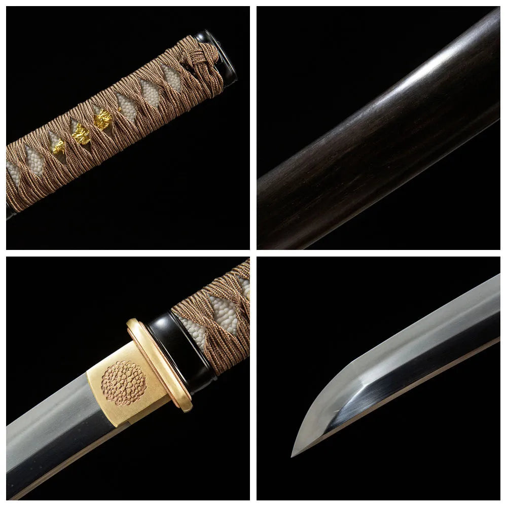 4-grid detail collage of Night Wakizashi blade, handle, tsuba and ebony saya